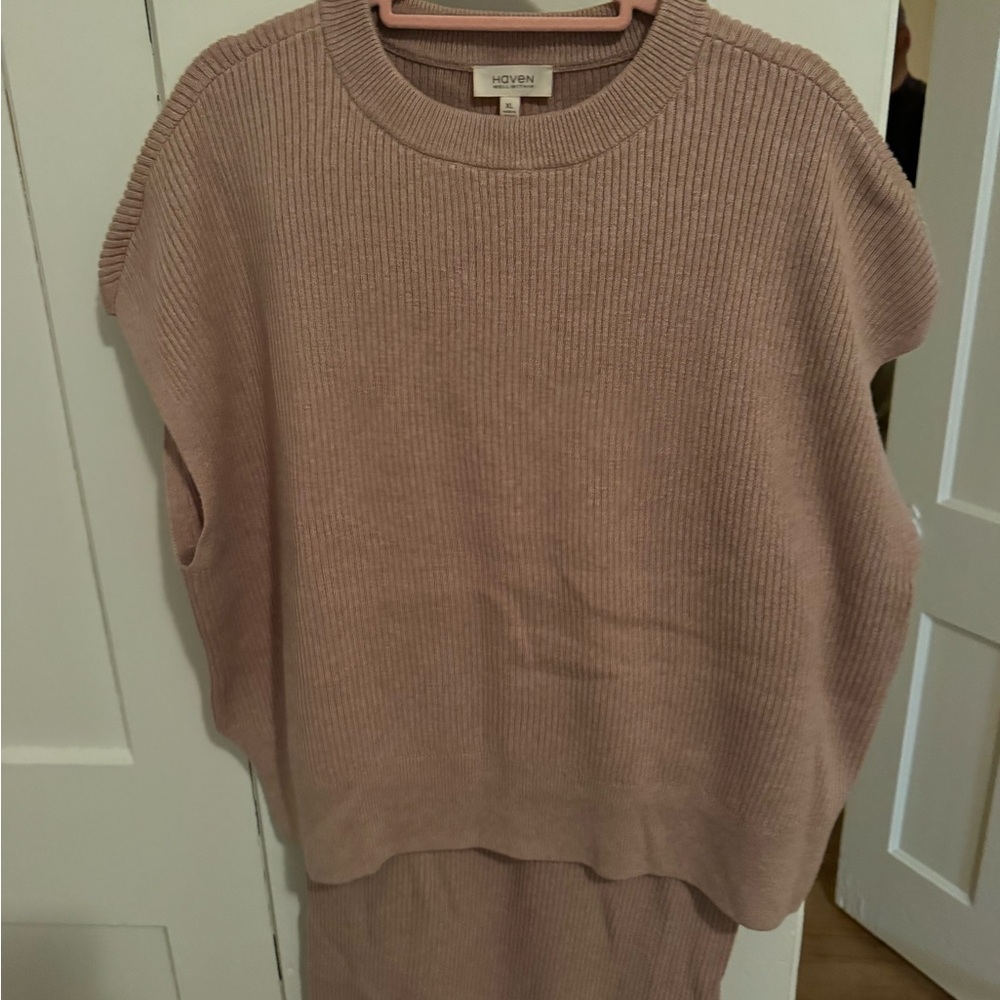 Haven Well Within  Cashmere Women's tan Crew Neck and matching wide Leg Pants